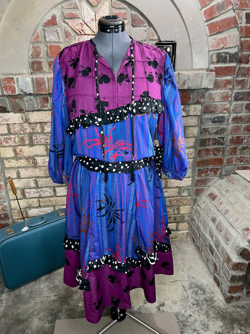 dress fit and flare floral ruffles swing skirt purple maroon